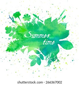 Floral summer background with leaves and flowers. Watercolor Texture. Vector foliage banner