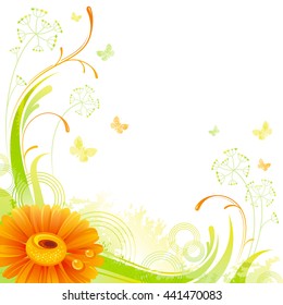 Floral summer background with orange gerber flower, leafs, grass, grunge elements, copy space for your text. Natural design template for birthday greeting card, wedding invitation, other celebration