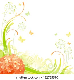Floral summer background with orange hydrangea flower, leafs, grass and grunge elements, copy space for your text