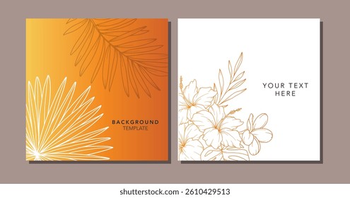 Floral Summer Background. Square background with tropical leaves and plants. Modern vector banner template. Hand Drawn Colorful Flower Layout. Design for cards, posters, invitations, social media