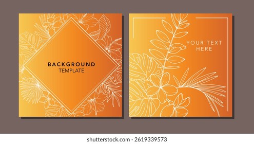 Floral Summer Background. Square background with tropical leaves and plants. Modern vector banner template. Hand Drawn Colorful Flower Layout. Design for cards, posters, invitations, social media