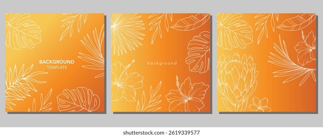 Floral Summer Background. Square background with tropical leaves and plants. Modern vector banner template. Hand Drawn Colorful Flower Layout. Design for cards, posters, invitations, social media