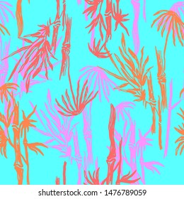Floral summer background. Thailand bright neon print. Silhouettes bamboo leaves texture. Beauty cyan seamless pattern. Trendy fabric design. Vector illustration.