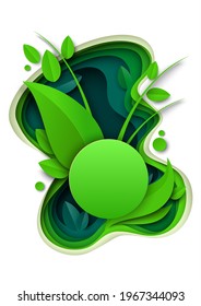 Floral summer background, vector illustration in paper art craft style. Green grass and leaves spring nature composition.