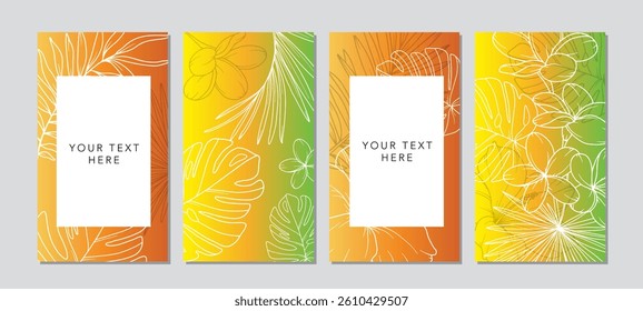 Floral Summer Background. Vertical background with tropical leaves and plants. Modern vector banner template. Hand Drawn Colorful Flower Layout. Design for cards, posters, invitations, social media