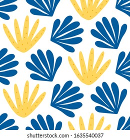 Floral summer beautiful seamless pattern, bright bold hand drawn tropical print. Summer plants, textile print, clothes, wallpaper, wrapping paper. Trendy surface design.