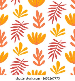 Floral summer beautiful seamless pattern, bright bold hand drawn tropical print. Summer plants for fabrics, textile print, clothes and wallpaper, wrapping paper. Trendy surface design.