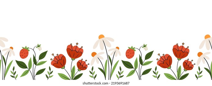 Floral summer border with cute hand drawn poppies, daisies and strawberries on white background. Seamless vector template. Garden flowers for cards, invitations, printing on any surface