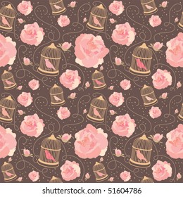  Floral summer composition. Birds with cages seamless vector