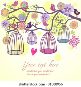 Floral summer composition. Birds out of their cages concept vector