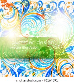 Floral summer design elements with sun shine. Flower abstract bright background for retro design. Vector. eps 10.