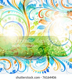 Elementos florales de diseño de verano con luz solar. Fondo claro abstracto de las flores para el diseño retro. Vector. 10.