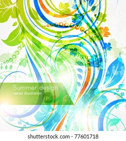 Floral summer design elements with sun shine. Flower abstract bright background for retro design. Vector.