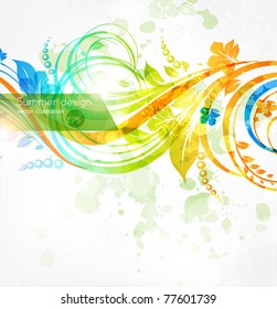 Floral summer design elements with sun shine. Flower abstract bright background for retro design. Vector.