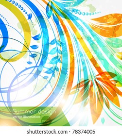 Floral summer design elements with sun shine. Flower abstract bright background for retro design. Vector. eps 10