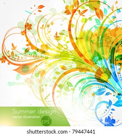 Floral summer design elements with sun shine. Flower abstract bright background for retro summer design. Vector.