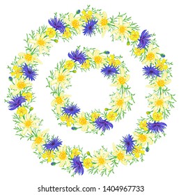 Floral summer elements with cute bouquets of daisies and wildflowers. Stylized wreath of meadow flowers. Round floral elements for your greeting cards, design, wedding announcements.
