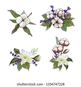 Floral summer elements. Cute bunch with cotton, lavender flower