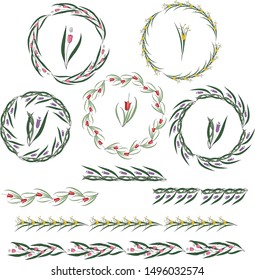 Floral summer elements with cute bunches of tulips, daffodils and roses. Endless horizontal pattern brushes. For romantic and easter design, announcements, greeting cards, posters, advertisement.