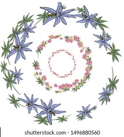 Floral summer elements with cute bunches of tulips, daffodils and roses. Endless horizontal pattern brushes. For romantic and easter design, announcements, greeting cards, posters, advertisement.