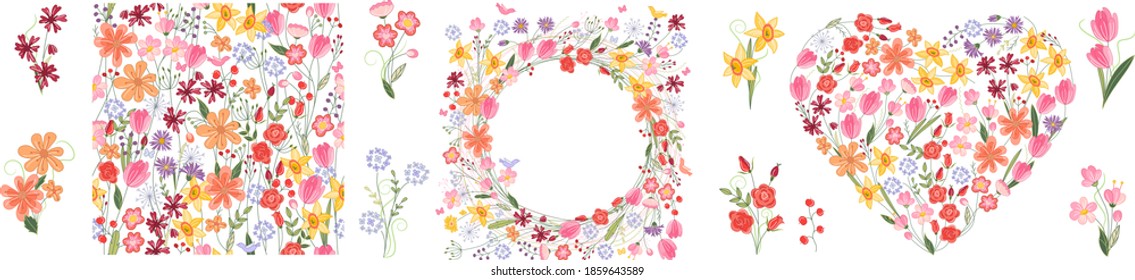 Floral summer elements with cute bunches of tulips, daffodils and roses. For romantic and easter design, announcements, greeting cards, posters, advertisement.