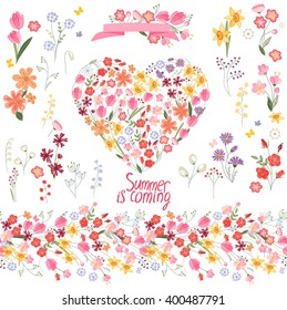 Floral summer elements with cute bunches of tulips, daffodils and roses. Endless horizontal  pattern brushes. For romantic and easter design, announcements, greeting cards, posters, advertisement.