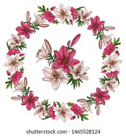 Floral summer elements with cute lilies and chrysanthemums. Stylized wreath of chrysanthemums and lilies. Round floral elements for your greeting cards, design, wedding announcements.