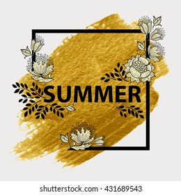 Floral Summer Graphic Design. Chic floral frame. Gold paint in black square.