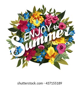 Floral Summer Graphic Design with Colorful Flowers for t-shirt, fashion, prints. Floral Bouquet with summer lettering. Vector illustration. Isolated on white background.