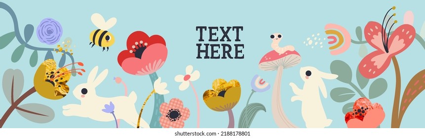 Floral summer horizontal banner. Bee, flowers, plants, cute rabbits and bunnies in pastel colors. Modern minimalist poster, greeting card, header for website