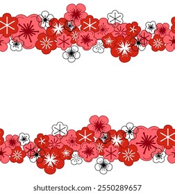 Frontera floral del patrón Horizontal del verano sin fisuras con las flores gráficas rosadas y rojas.  Vector aislado ilustración borde, prado o fondo floral para su diseño.