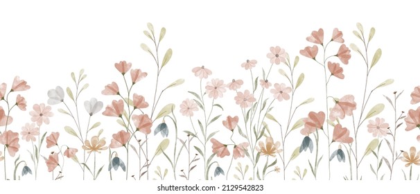 Floral summer horizontal pattern and wildflowers  Watercolor hand drawn isolated illustration border  meadow floral background for your design 