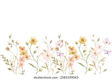 Floral summer horizontal pattern with  wildflowers. Watercolor flower garden isolated illustration.