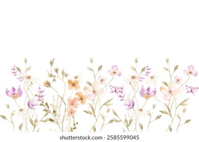 Floral summer horizontal pattern with  wildflowers. Watercolor flower garden isolated illustration.
