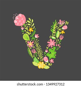 Floral summer Letter V. Flower Capital wedding Uppercase Alphabet. Colorful font with flowers and leaves. Vector illustration Grotesque scandinavian style