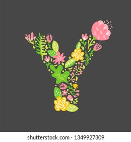 Floral summer Letter Y. Flower Capital wedding Uppercase Alphabet. Colorful font with flowers and leaves. Vector illustration Grotesque scandinavian style