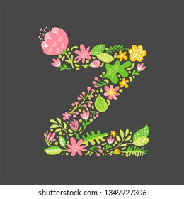 Floral summer Letter Z. Flower Capital wedding Uppercase Alphabet. Colorful font with flowers and leaves. Vector illustration Grotesque scandinavian style