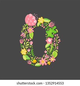 Floral summer Number 0 zero. Flower Capital wedding Alphabet. Colorful font with flowers and leaves. Vector illustration scandinavian style.
