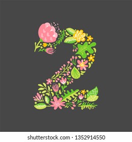 Floral summer Number 2 two. Flower Capital wedding Alphabet. Colorful font with flowers and leaves. Vector illustration scandinavian style.