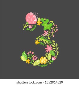 Floral summer Number 3 three. Flower Capital wedding Alphabet. Colorful font with flowers and leaves. Vector illustration scandinavian style.