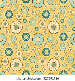 Floral summer pattern with abstract flowers in retro colors, seamless vector background. For fashion textile, cloth, backgrounds.