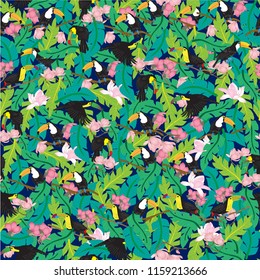  Floral summer pattern background with tropical palm leaves, toucan bird, flowers.