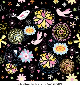 floral summer pattern with birds