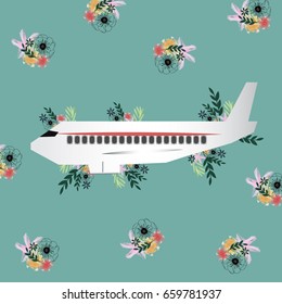 Floral Summer pattern with bloom airplanes.Vintage design.For textile,t-shirt graphics,wallpaper,web and interior design.Vector illustration.