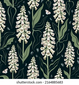 Floral summer pattern with blooming delicate creamy foxglove plants and butteflies