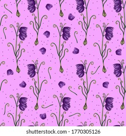 Floral summer pattern. Bright pink pattern. Hazel grouse Russian flower. Blue bells plant.