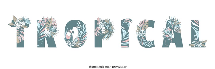 Floral summer pattern hand drawn ornamental text TROPICAL with palm beach leaves, flowers, flamingo, toucan birds. Vector grunge illustration flyer, banner, poster, print, invitation, card, template