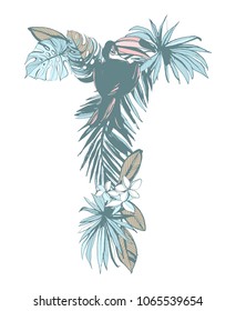 Floral summer pattern hand drawn ornamental letter T with palm beach leaves, flowers, toucan birds. Grunge illustration type, logo, flyer, banner, poster