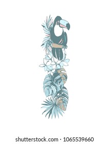 Floral summer pattern hand drawn ornamental letter I with palm beach leaves, flowers, toucan birds. Grunge illustration type, logo, flyer, banner, poster