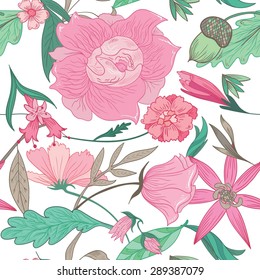 Floral Summer Pattern | Vector seamless background with pink romantic peony, rose, mayweed, daisy flowers and mint leaves